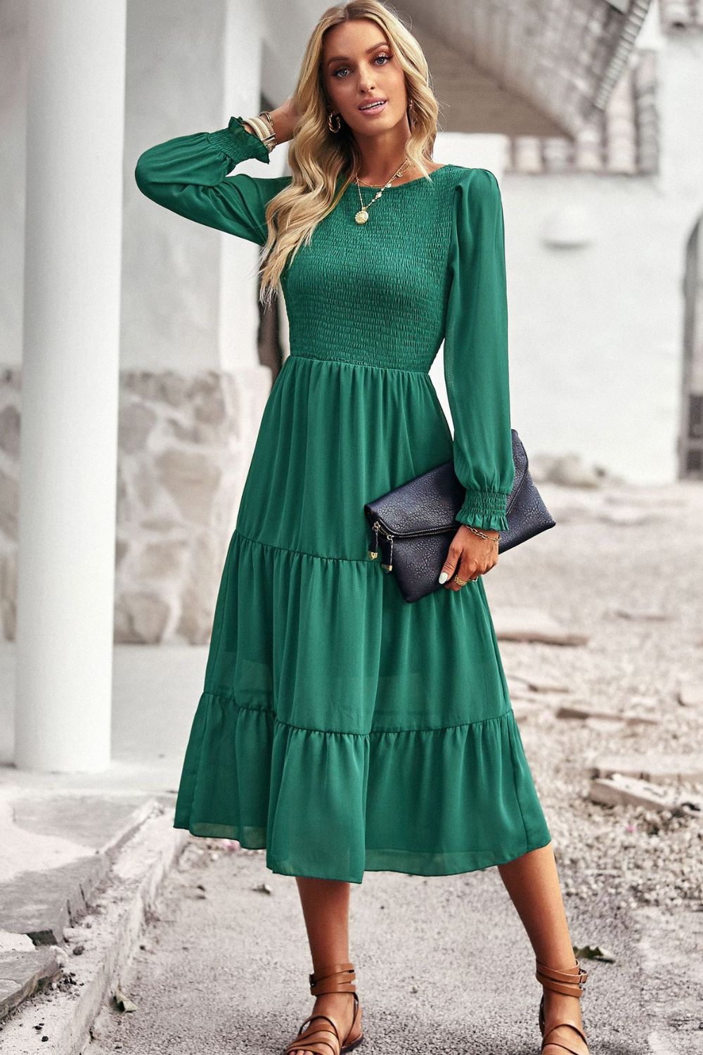 Elegant Smocked Bodice Flounce Long Sleeve Lined Midi Dress