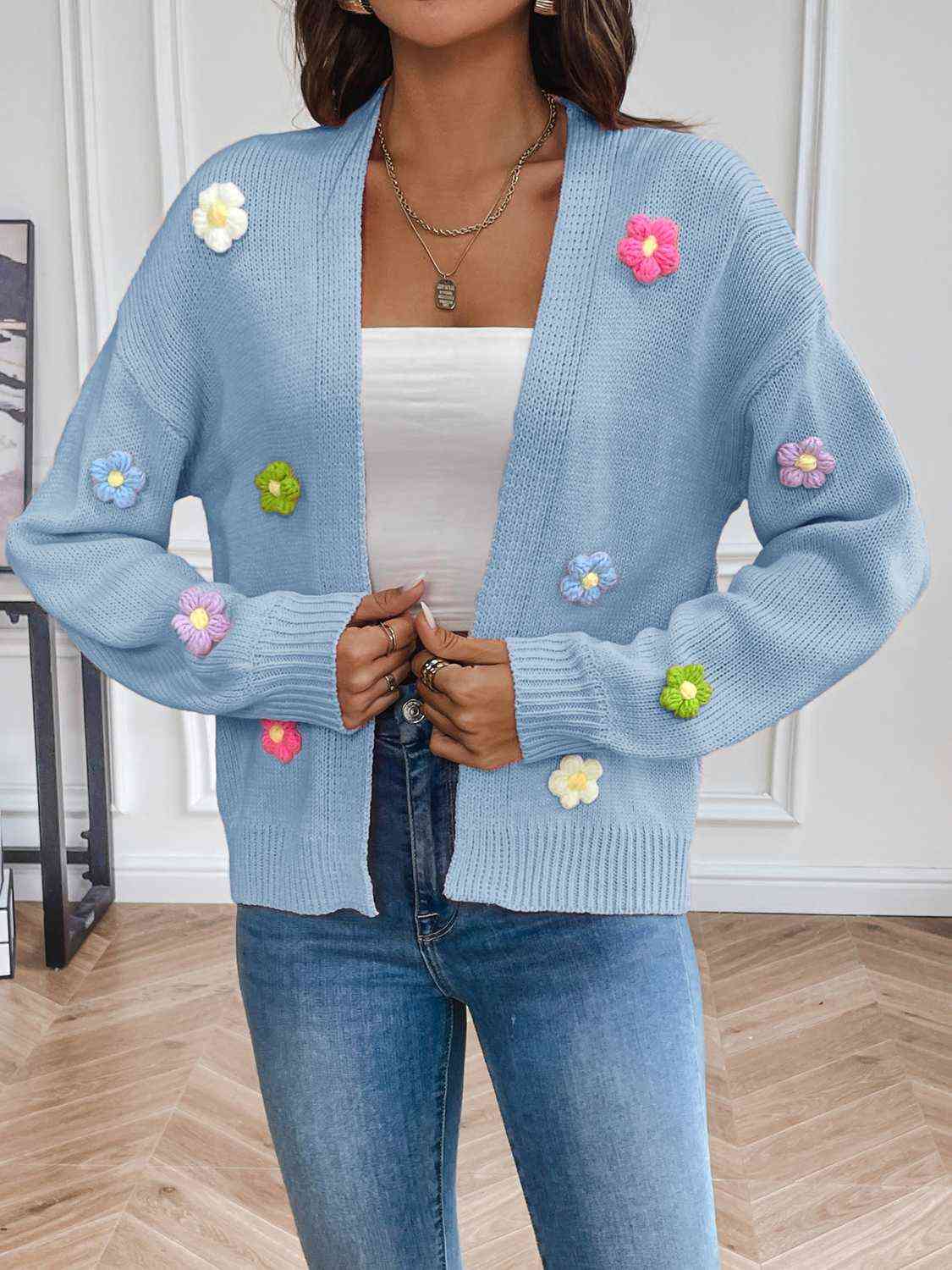 Colorful Crochet Daisy Flower Long Sleeve Open Front Waffle Knit Cardigan Sweater