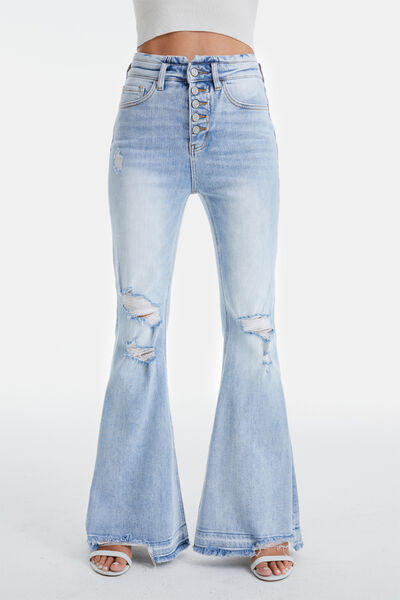 High-Rise Denim Jeans Retro Flare Leg Bell Bottom Raw Hem Pants BAYEAS