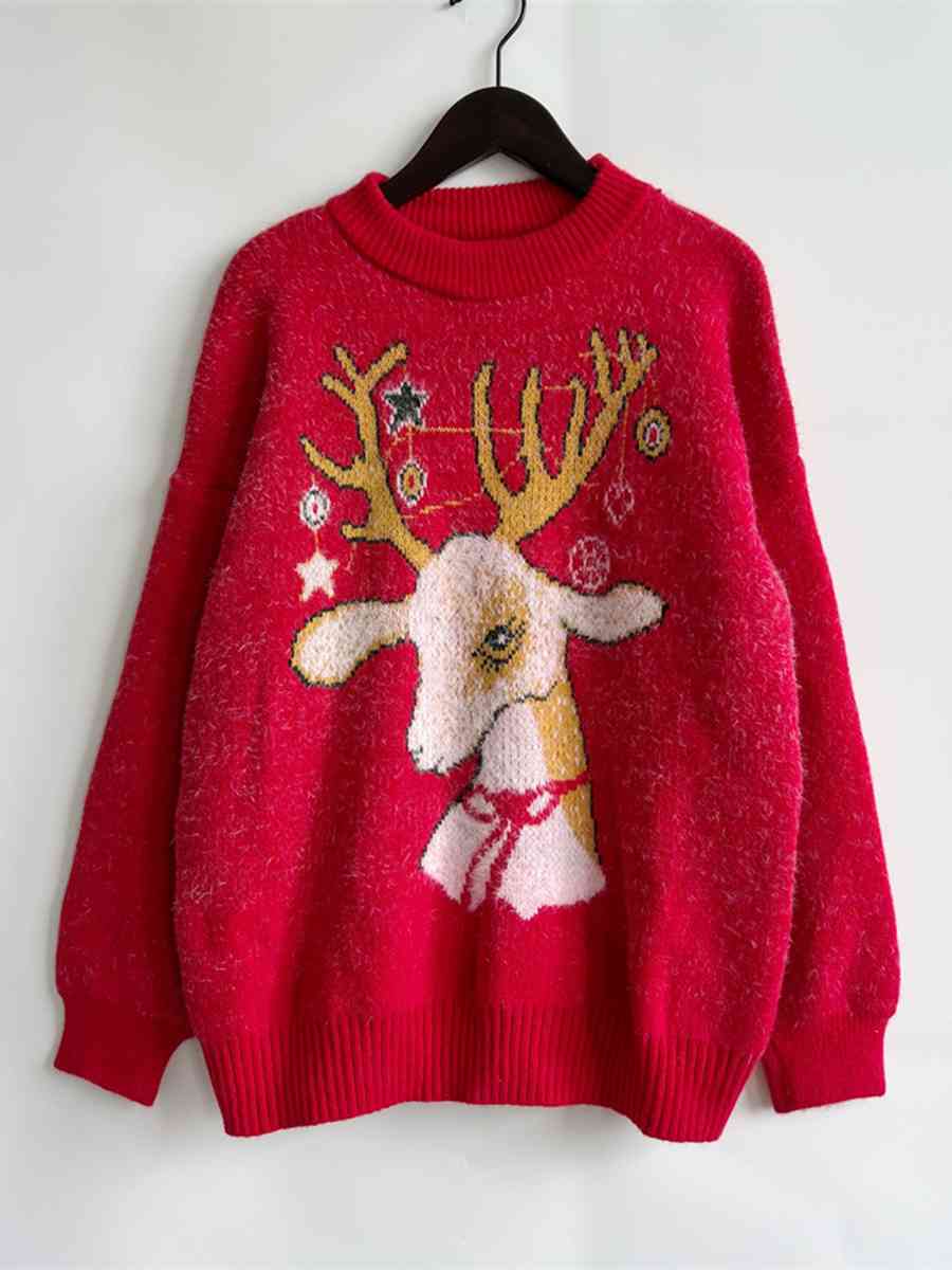 Christmas Reindeer Soft Fuzzy Knit Round Neck Classy Holiday Sweater Top