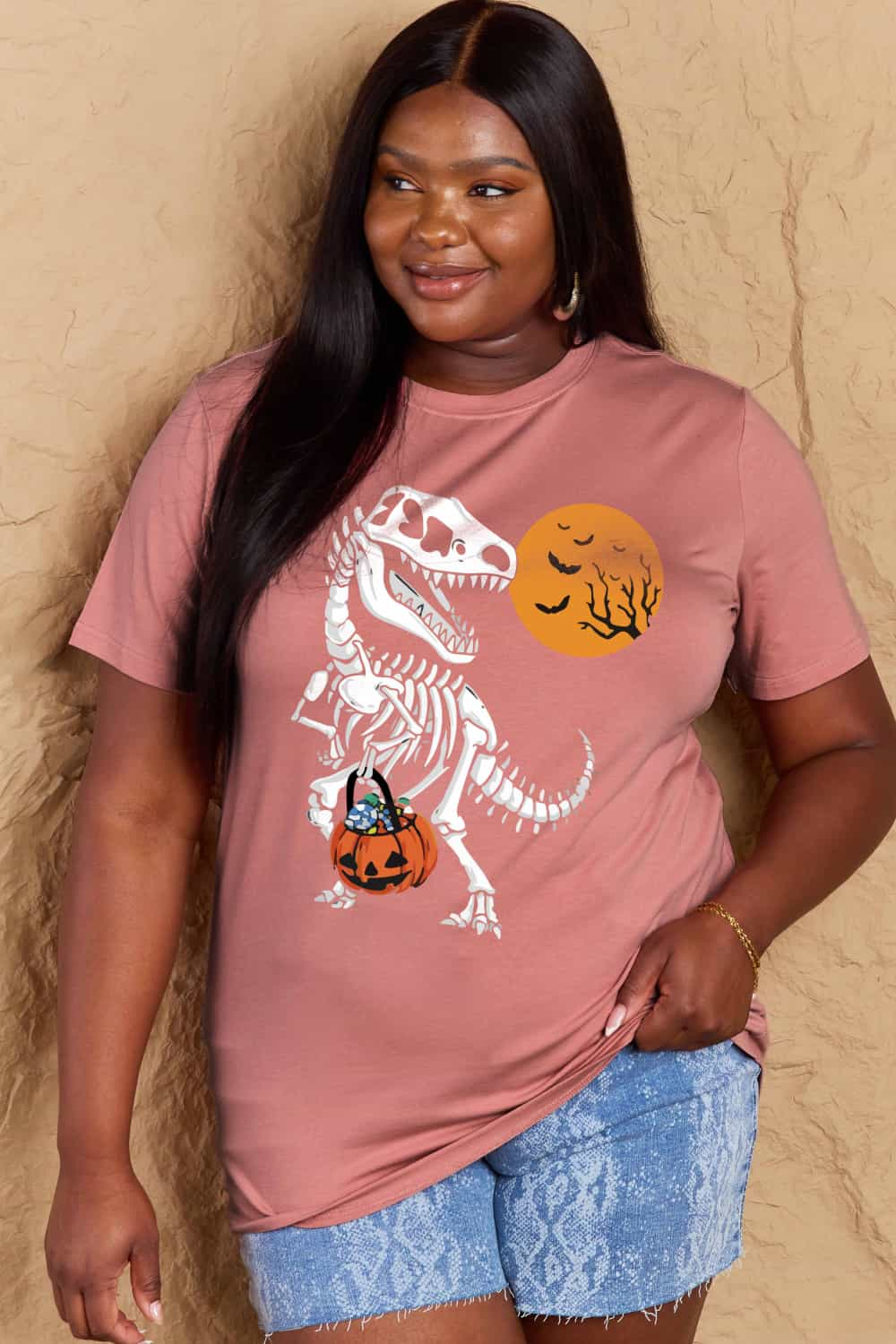 T-Rex Skeleton Trick or Treating Dinosaur Funny Graphic Tee Shirt Halloween Top