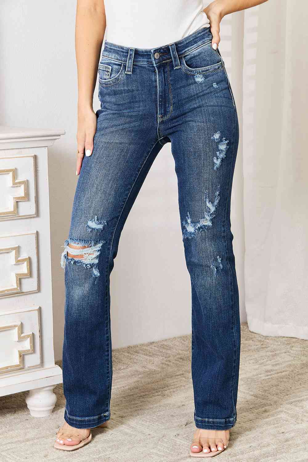 Mid-rise Distressed Ripped Jeans Hand Sand Destroy Boot Cut Pants Judy Blue