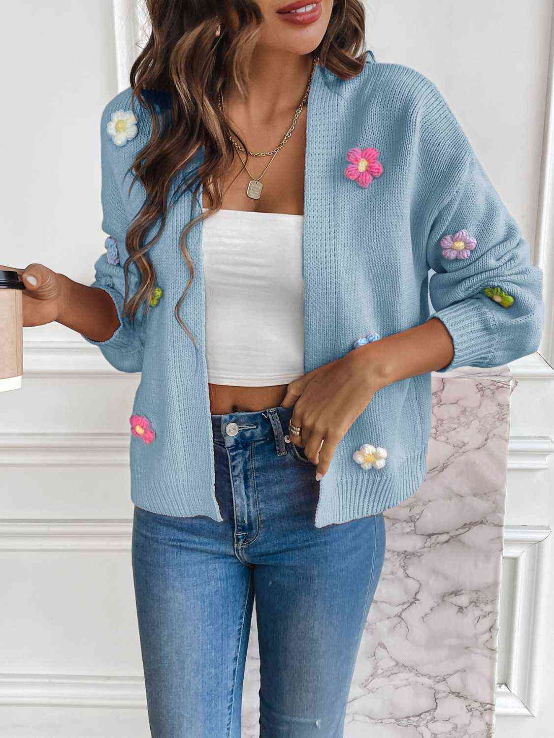 Colorful Crochet Daisy Flower Long Sleeve Open Front Waffle Knit Cardigan Sweater