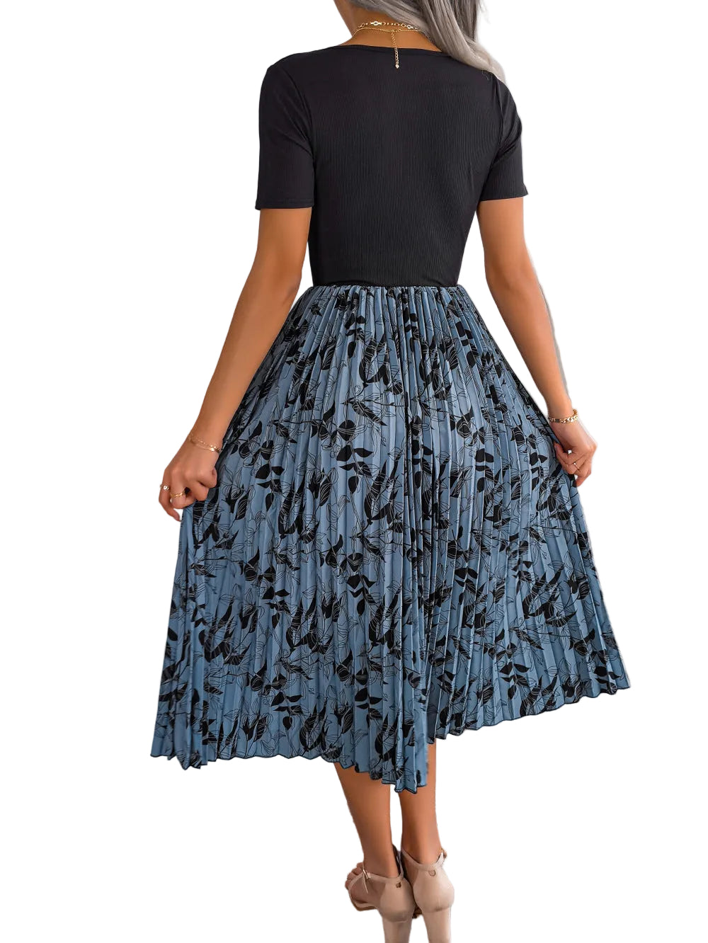 Floral Accordion Pleated Midi Dress Round Neck Short Sleeve Flowing Colorblock A-Line