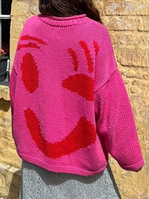 Knit Smiley Face Color Contrast Abstract Long Sleeve Oversized Pullover Sweater Top