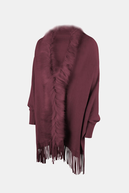 Plush Faux Fur Retro Fringe Hem Open Front Knit Poncho Knit Cardigan