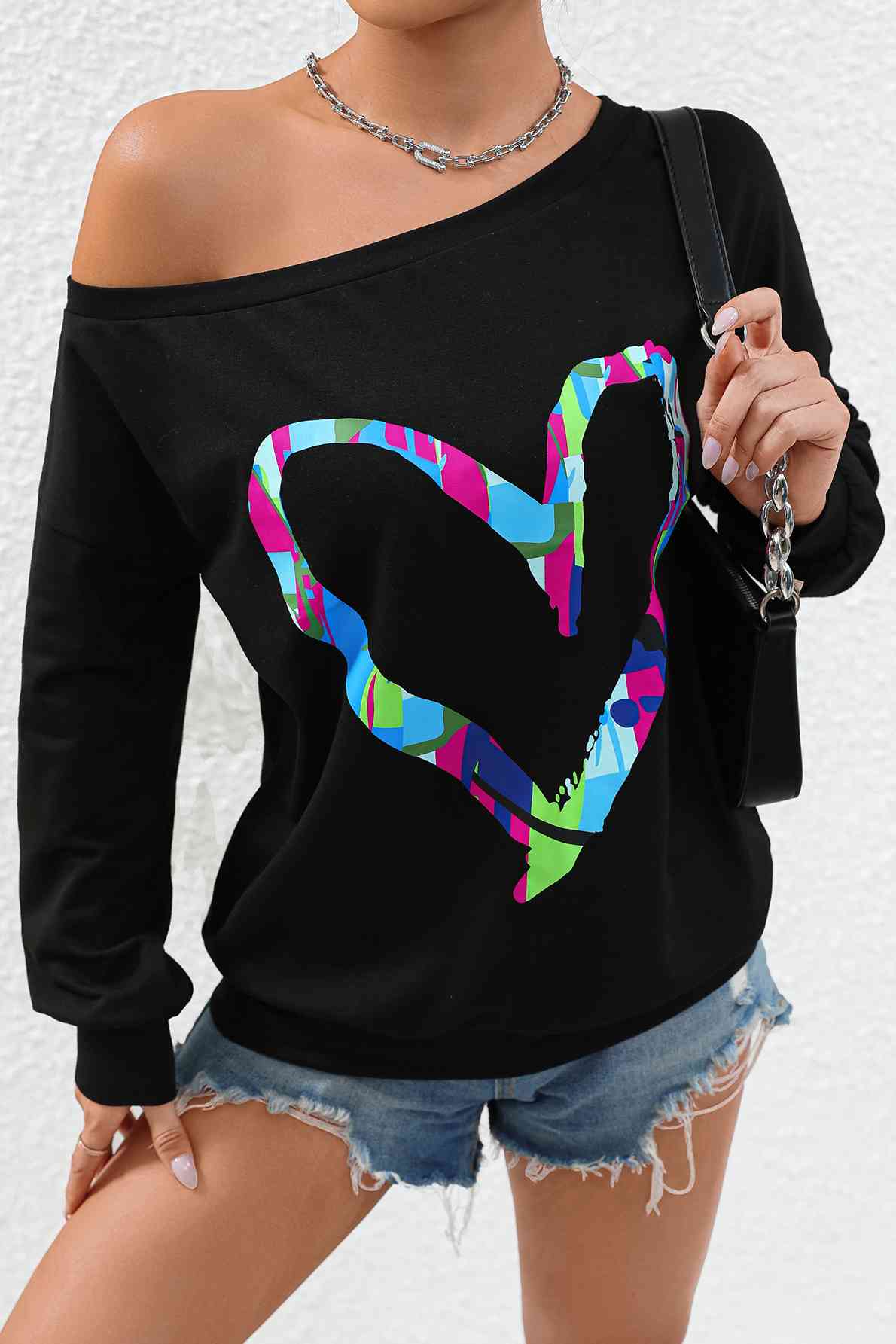 Colorful Heart Graphic Tee Long Sleeve Off Shoulder Boat Neck Pullover Shirt