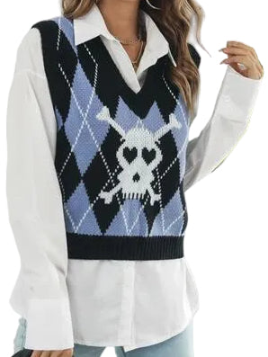 Heart Eye Skull Bone Argyle V-Neck Sleeveless Knit Spooky Sweater Vest