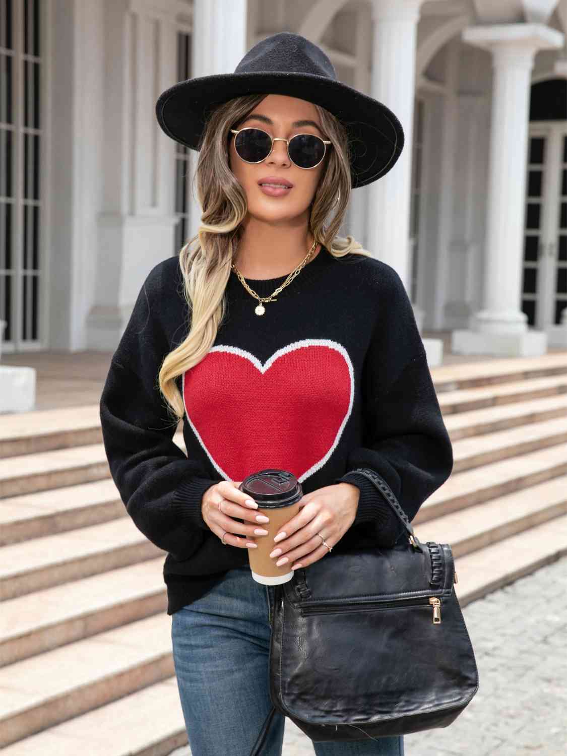 Knit Heart Contrasting Classic Round Neck Pullover Top Long Sleeve Sweater Shirt