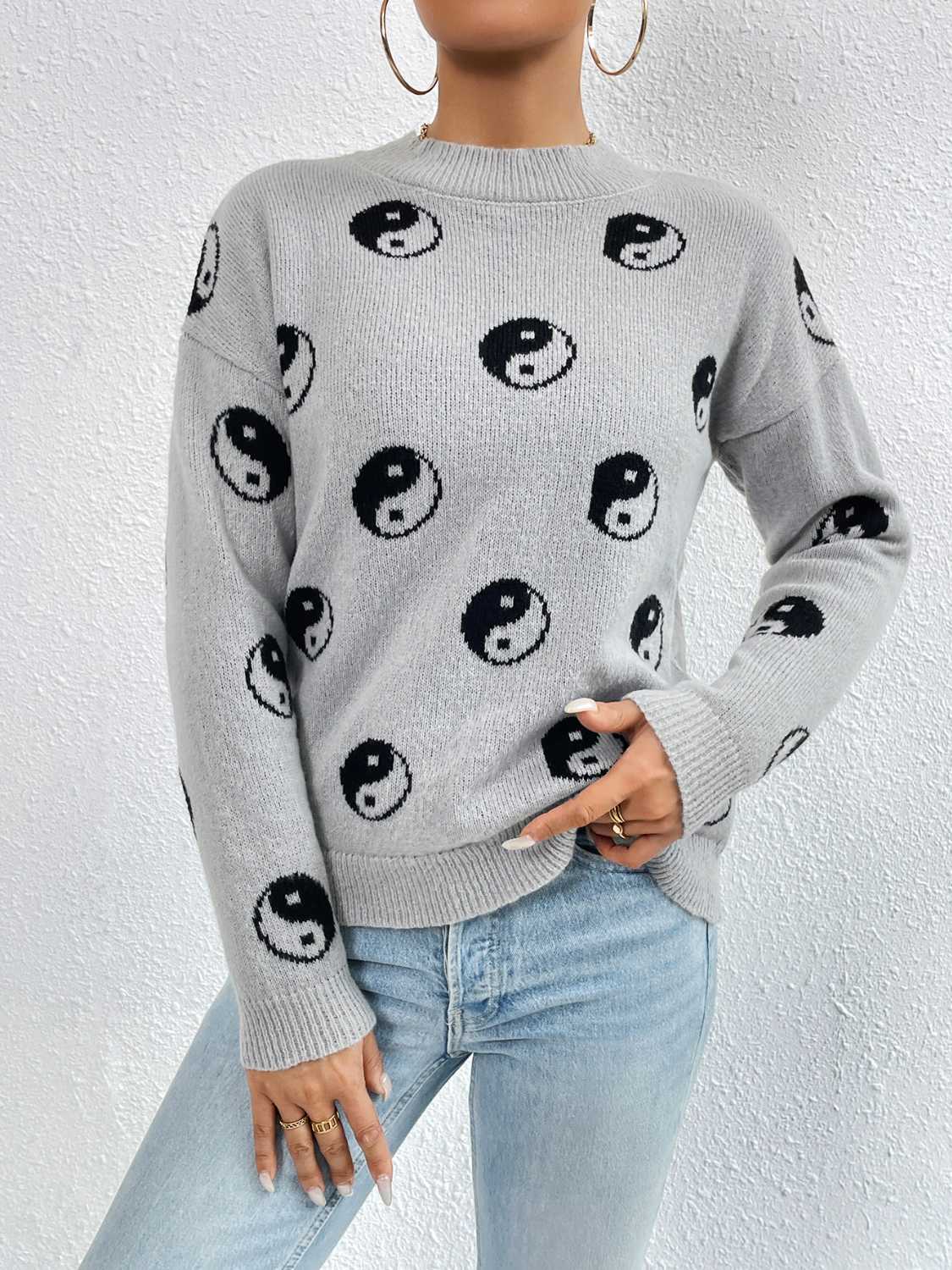 Unique Print Knit Pullover Celestial Mushroom Skull Yin Yang Sweater Shirt