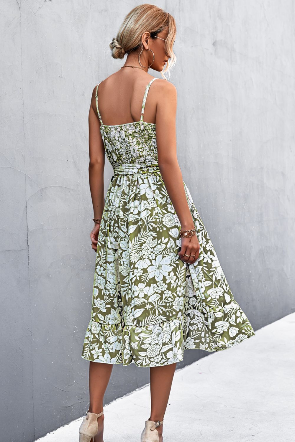 Chic Floral Ruffle Tie Belt Midi Summer Dress