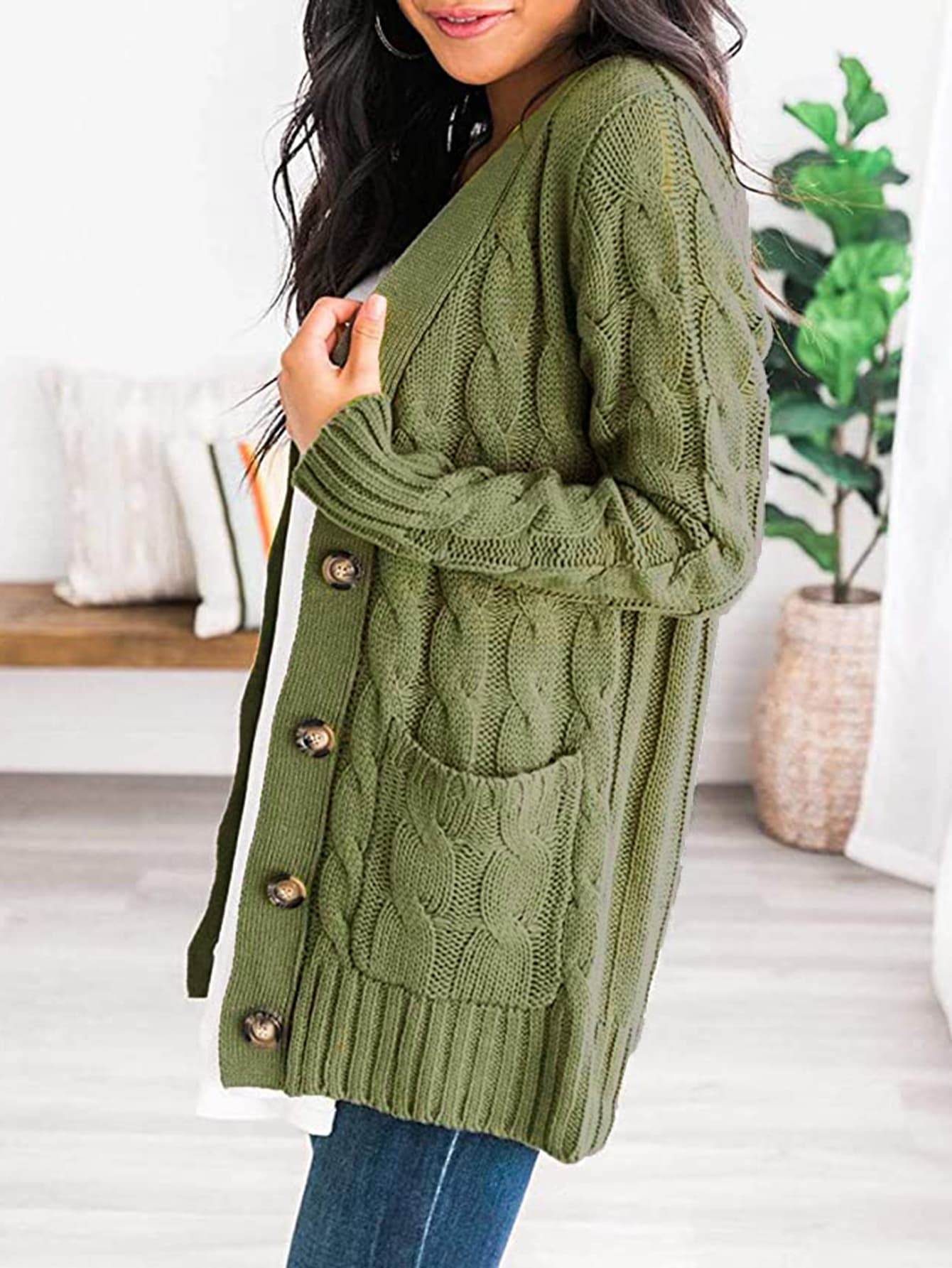 Classic Cable-Knit Buttoned Oversized Cardigan Patch Pockets