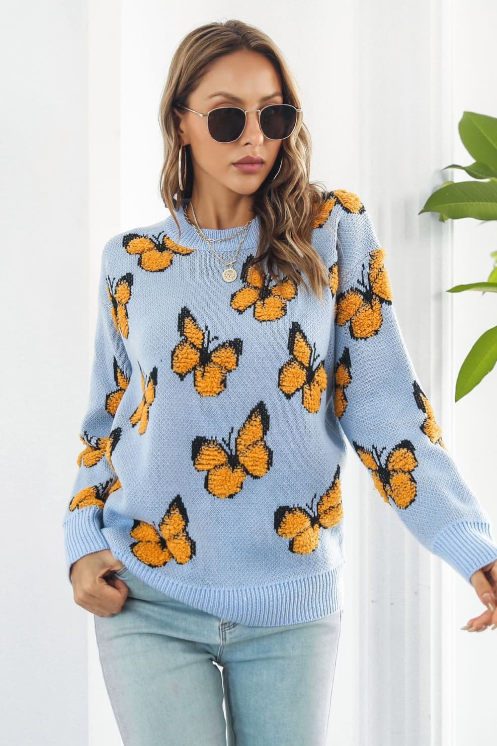 Fuzzy Monarch Butterfly Raised Shag Bold Colors Knit Pullover Sweater Shirt