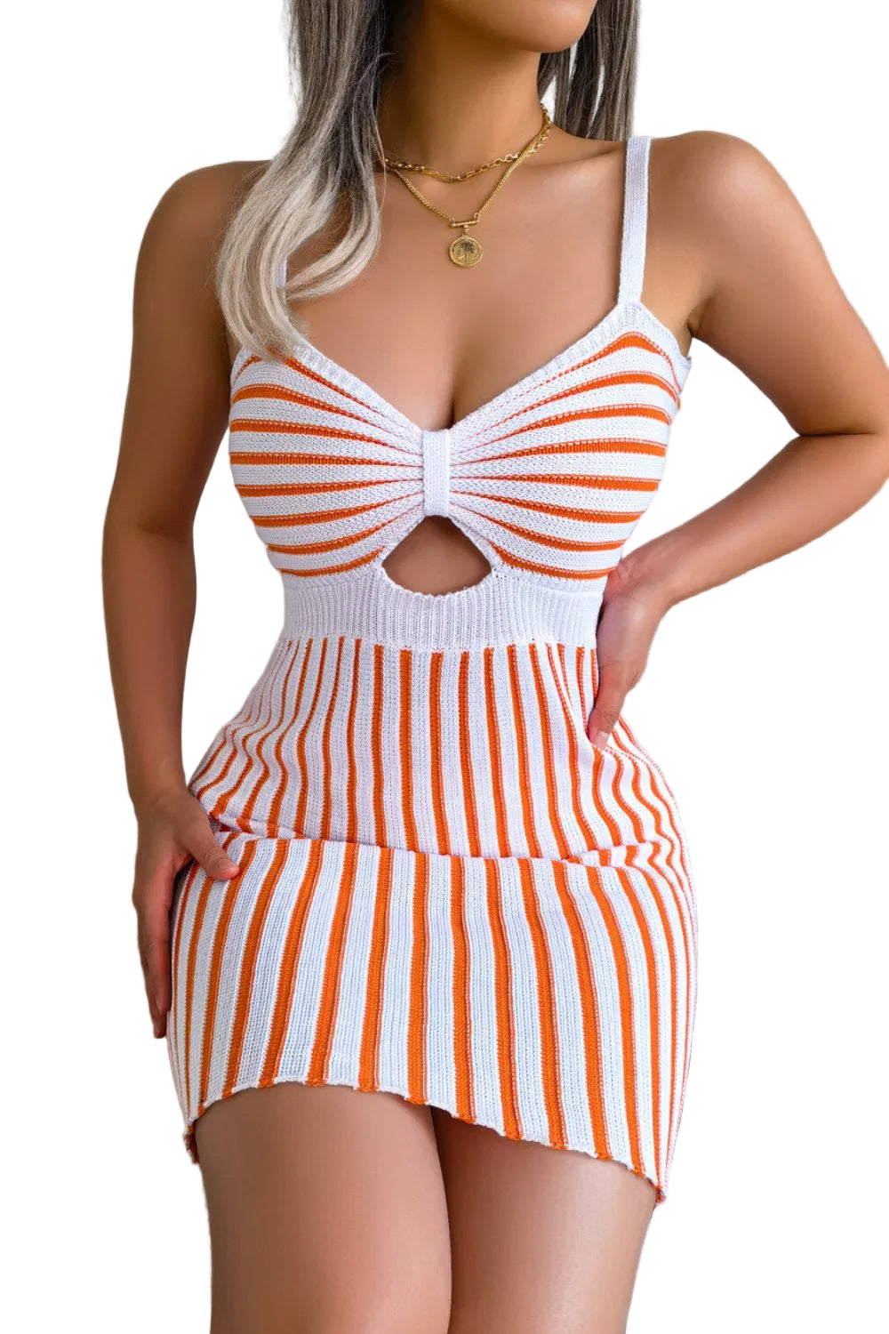 Bow Knot Chest Cutout Striped Sleeveless Stretch Knit Fitted Bodycon Mini Dress