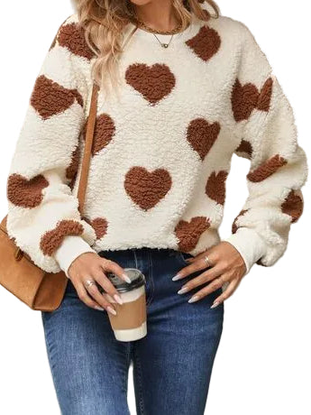 Fuzzy Teddy Sherpa Contrast Heart Crew Neck Top Long Sleeve Pullover Sweatshirt