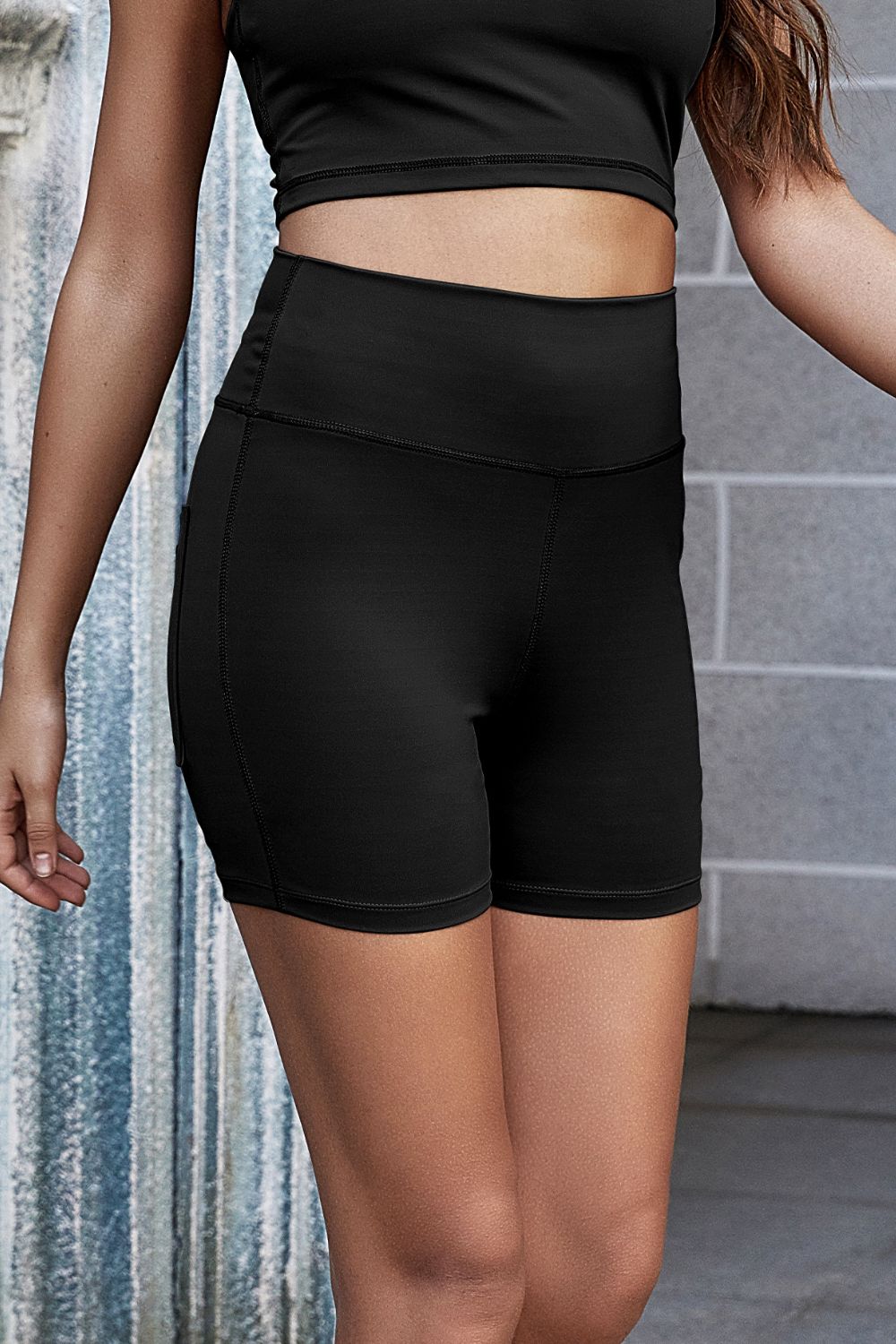 High Rise Wide Waistband Athletic Back Pocket Yoga Activewear Biker Shorts