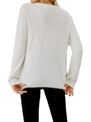 Fuzzy Embroidered Winter Animal Crew Neck Long Sleeve Novelty Holiday Sweater