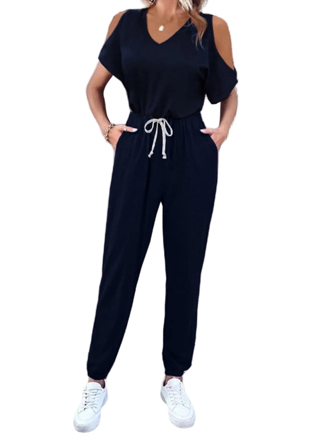 Cold-Shoulder Elastic Waist One-Piece Ankle Jogger V-Neck Pocket Jumpsuit