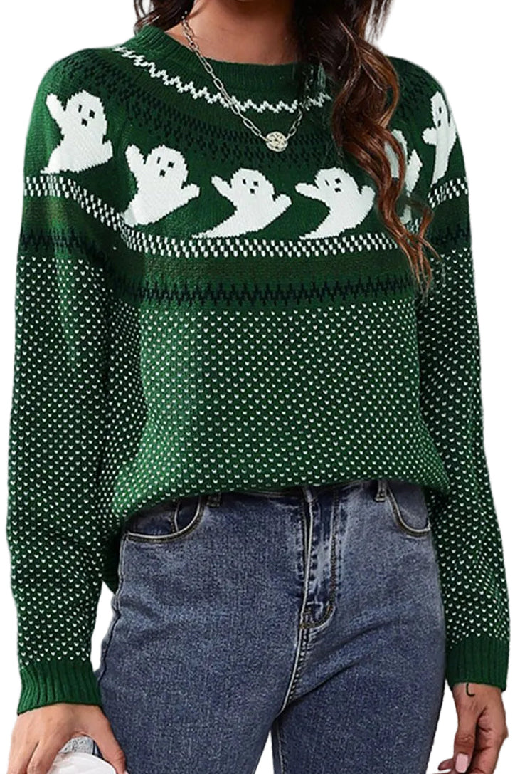 Ghost Fair Isle Nordic Crew Neck Top Long Sleeve Halloween Pullover Knit Sweater