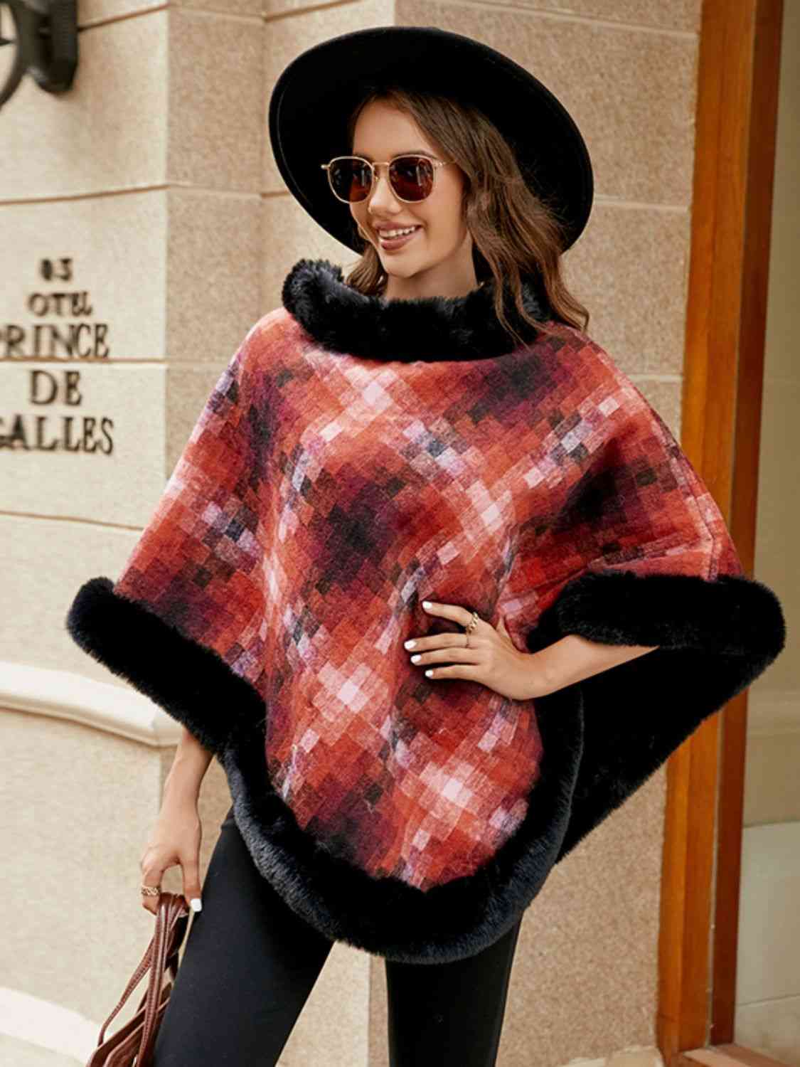 Faux Plush Fur Checker Ombre Glitch Oversized Pullover Sweater Jacket Poncho