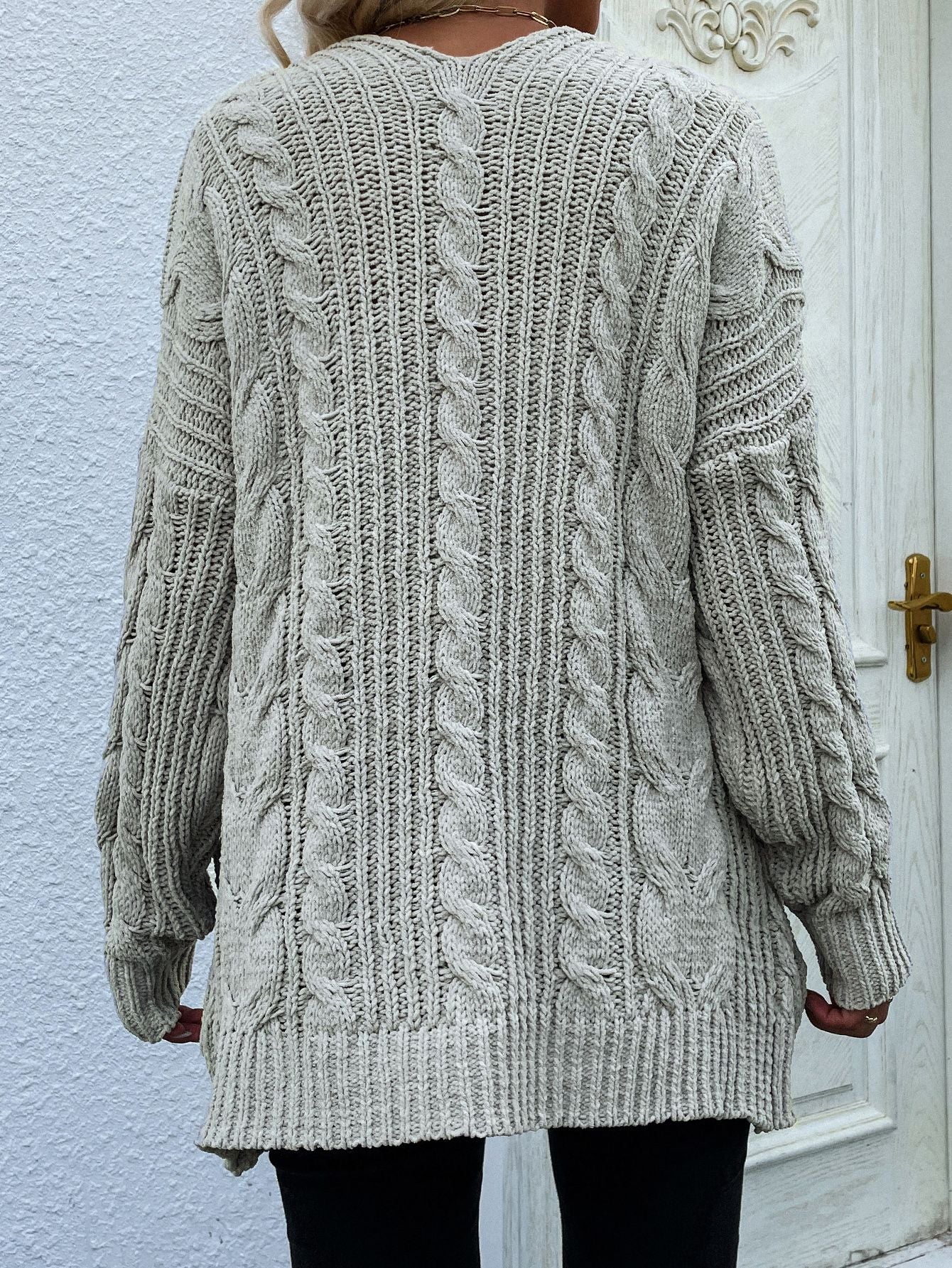 Cable-Knit Long Classic Open Front Pocket Fall Winter Boho Cardigan