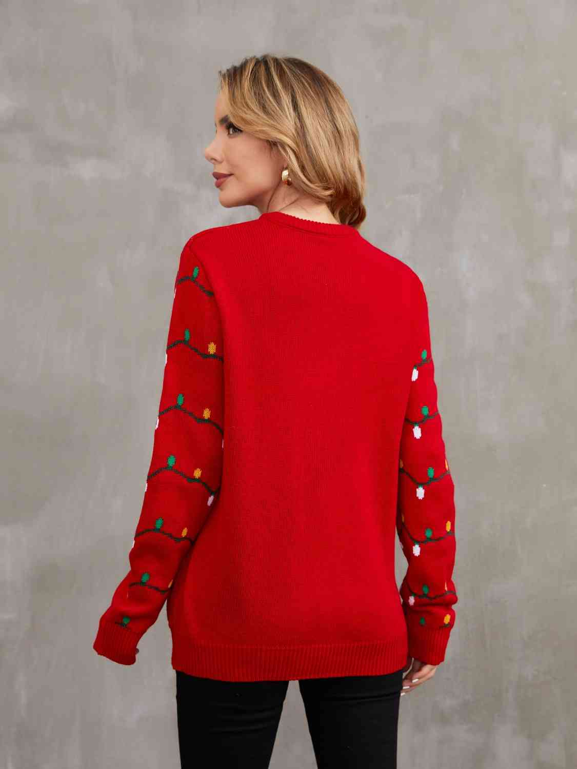 Bold Knit Christmas Tree Lights Round Neck Classy Holiday Winter Sweater