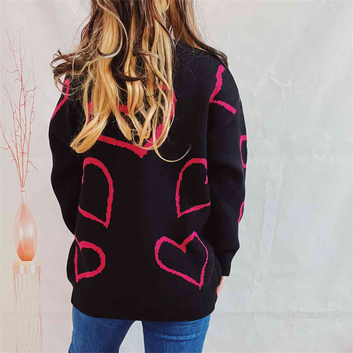 Knit Heart Color Contrasting Classic Long Sleeve Round Neck Pullover Sweater Top