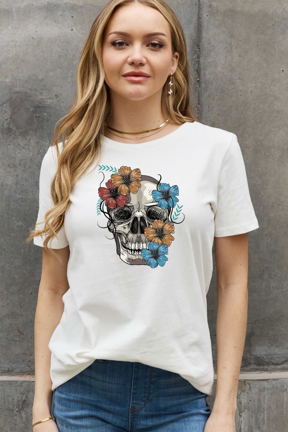 Bright Floral Skull Graphic Short Sleeve Tee Shirt 100% Premium Cotton
