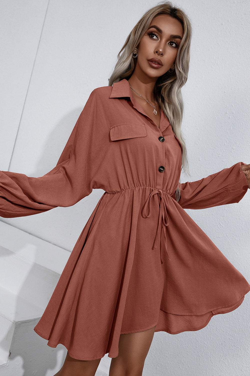 Oversized Button Front Collared Long Sleeve Shirt Dress
(4 Colors Available)