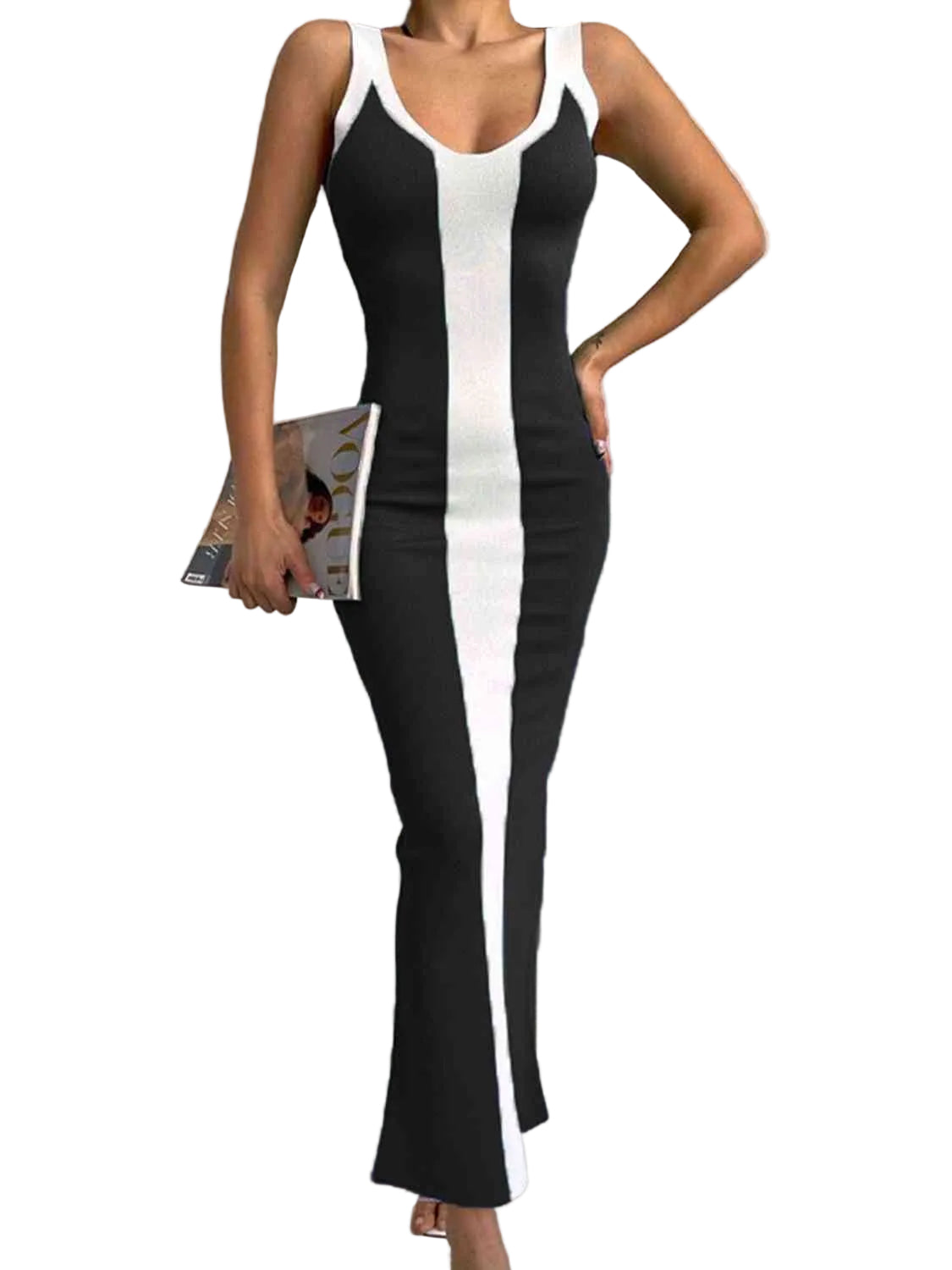 Contrast Colorblock Scoop Neck Fitted Sleeveless Bodycon Back Slit Midi Dress