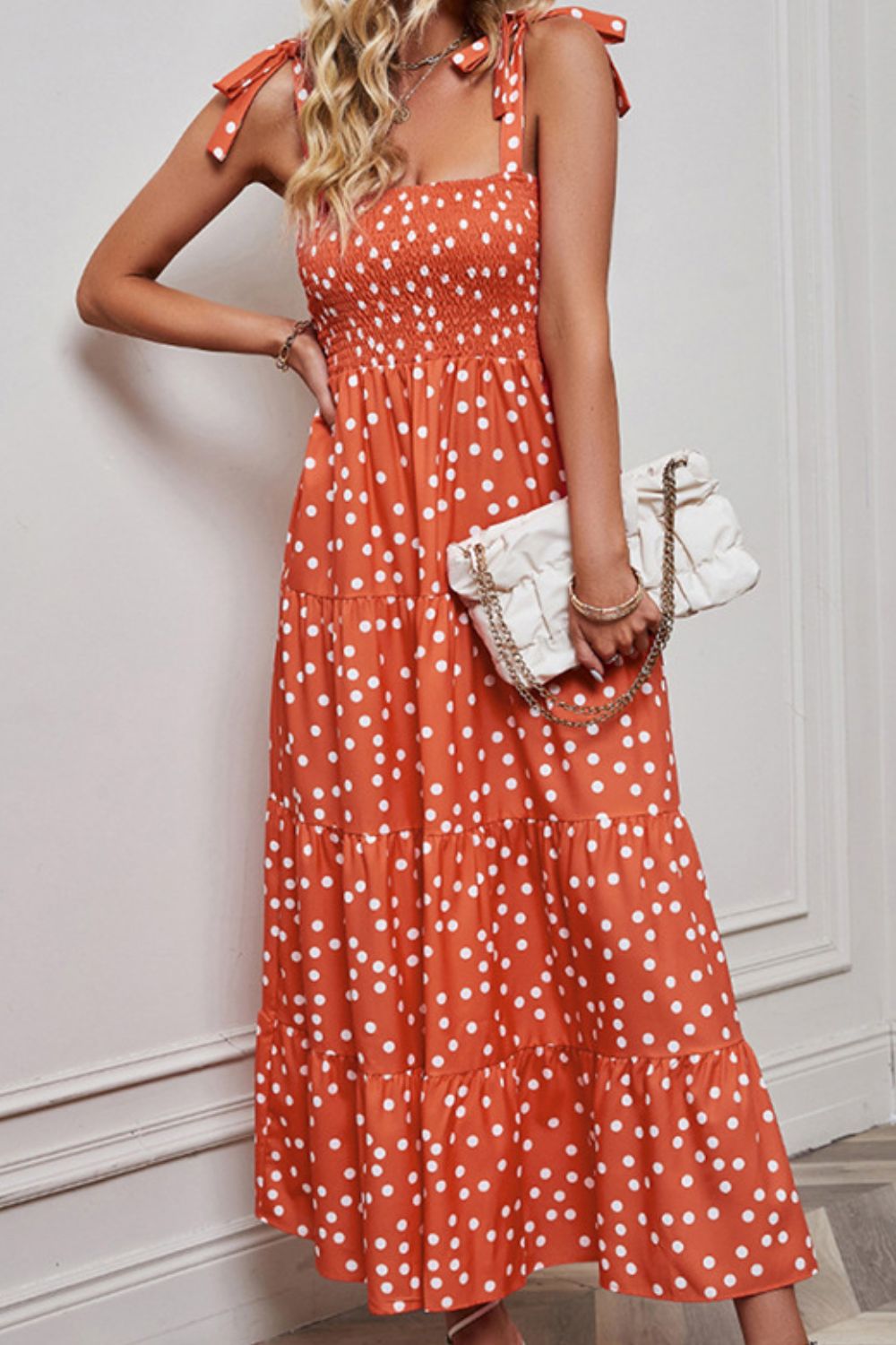 Tiered Polka Dot Smocked Bodice Classic Summer Maxi Dress