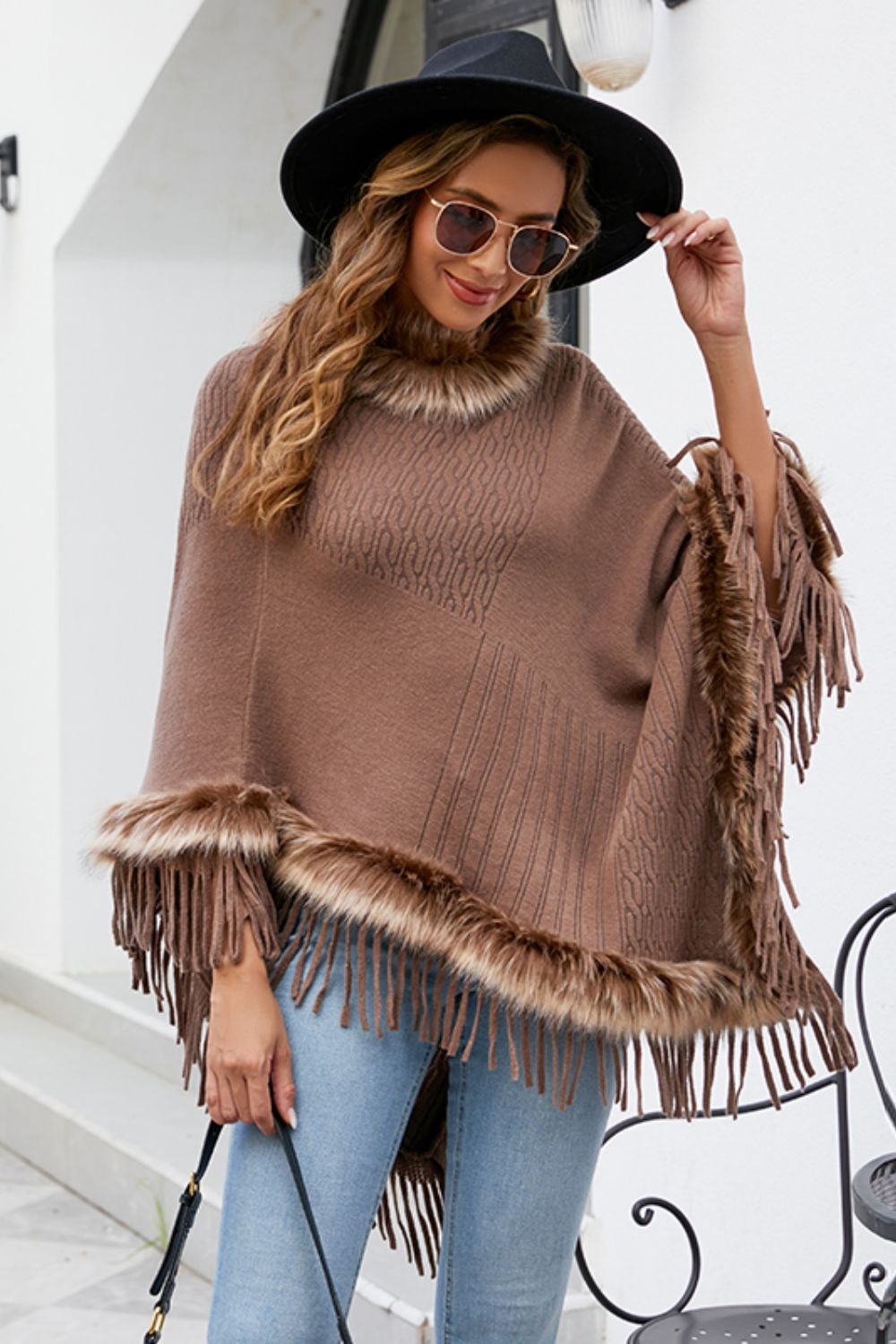 Faux Fur Retro Fringe Hem Textured Knit Pullover Poncho