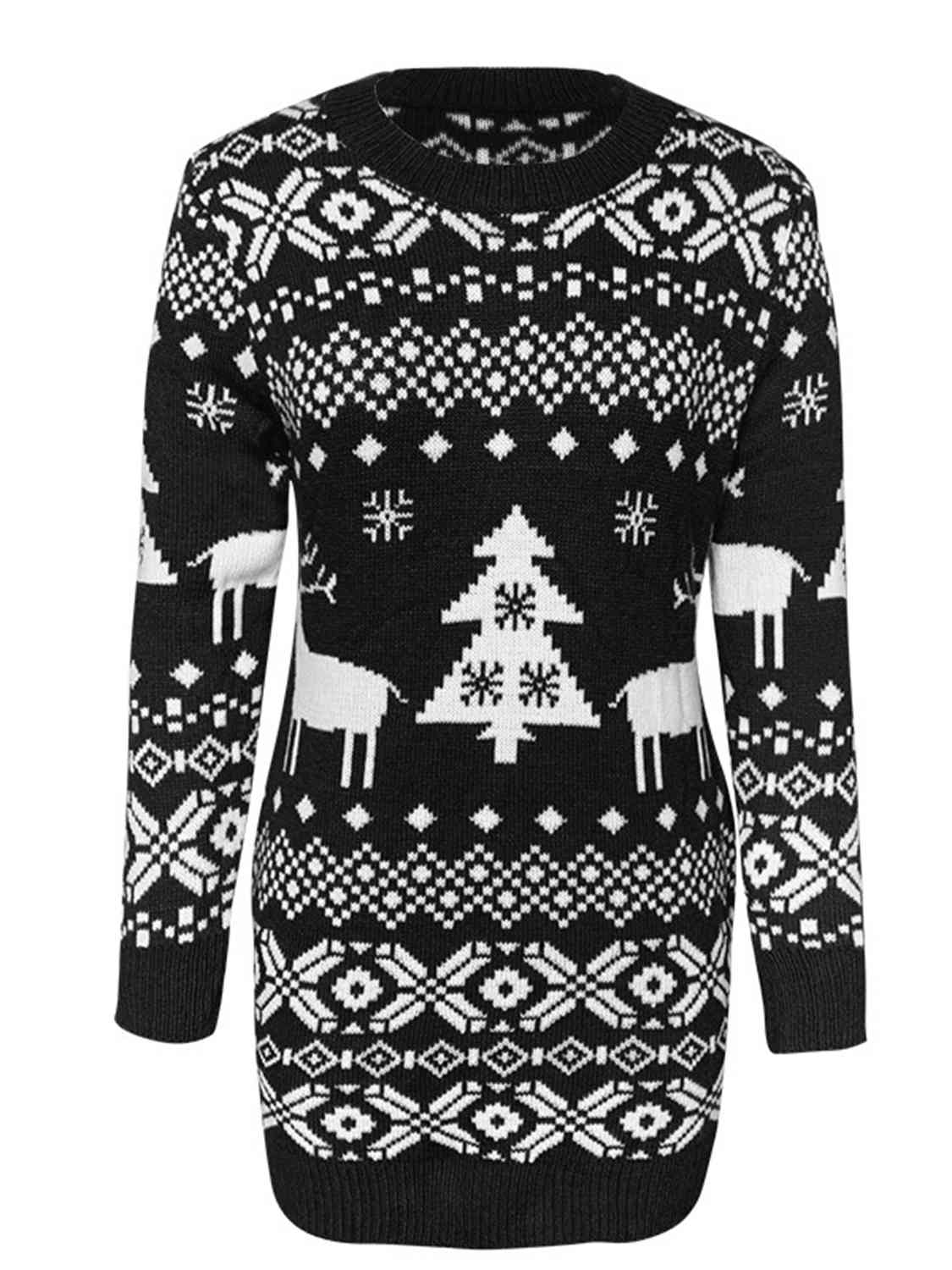 Winter Tree Snowflake Reindeer Fair Isle Classic Knit Long Sleeve Mini Sweater Dress