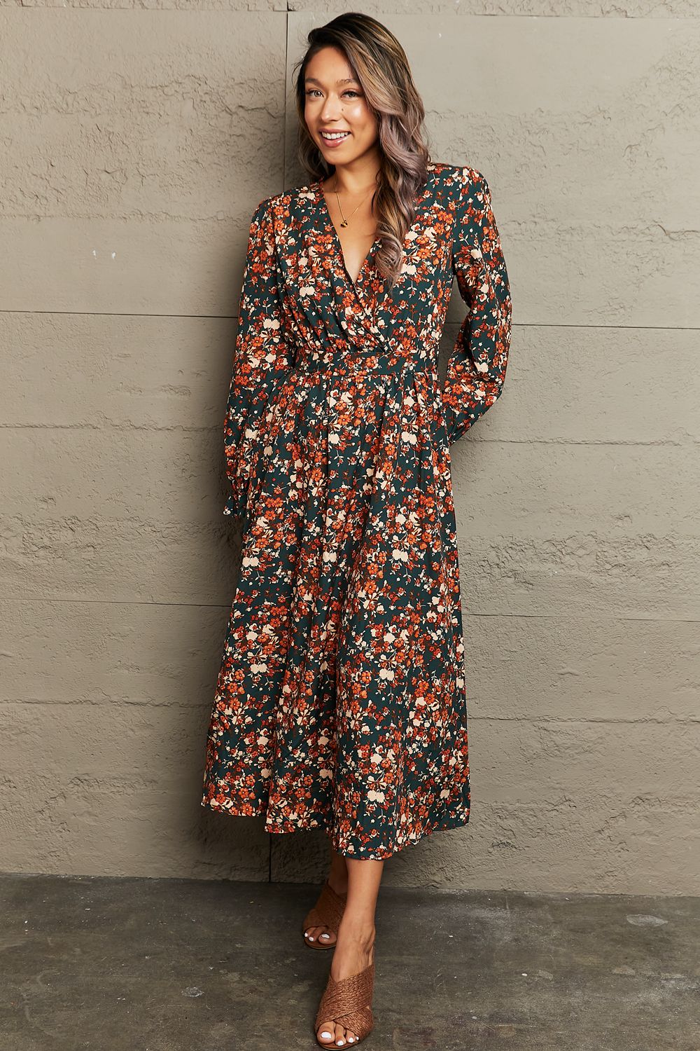 Retro Floral Surplice V-Neck Tie Back Waist Long Sleeve Midi Dress