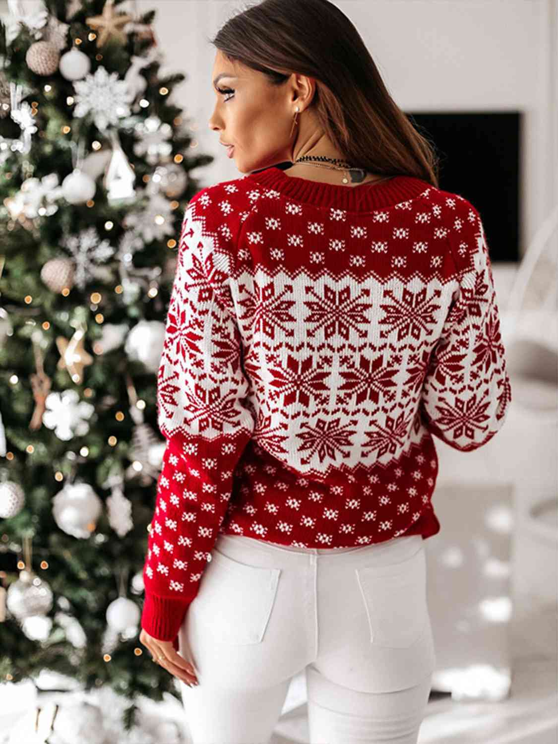 Fair Isle Contrast Color Winter Snowflake Long Sleeve Minimalist Sweater Top