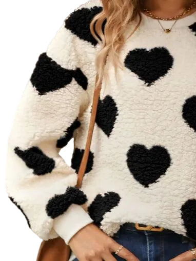 Fuzzy Teddy Sherpa Contrast Heart Crew Neck Top Long Sleeve Pullover Sweatshirt