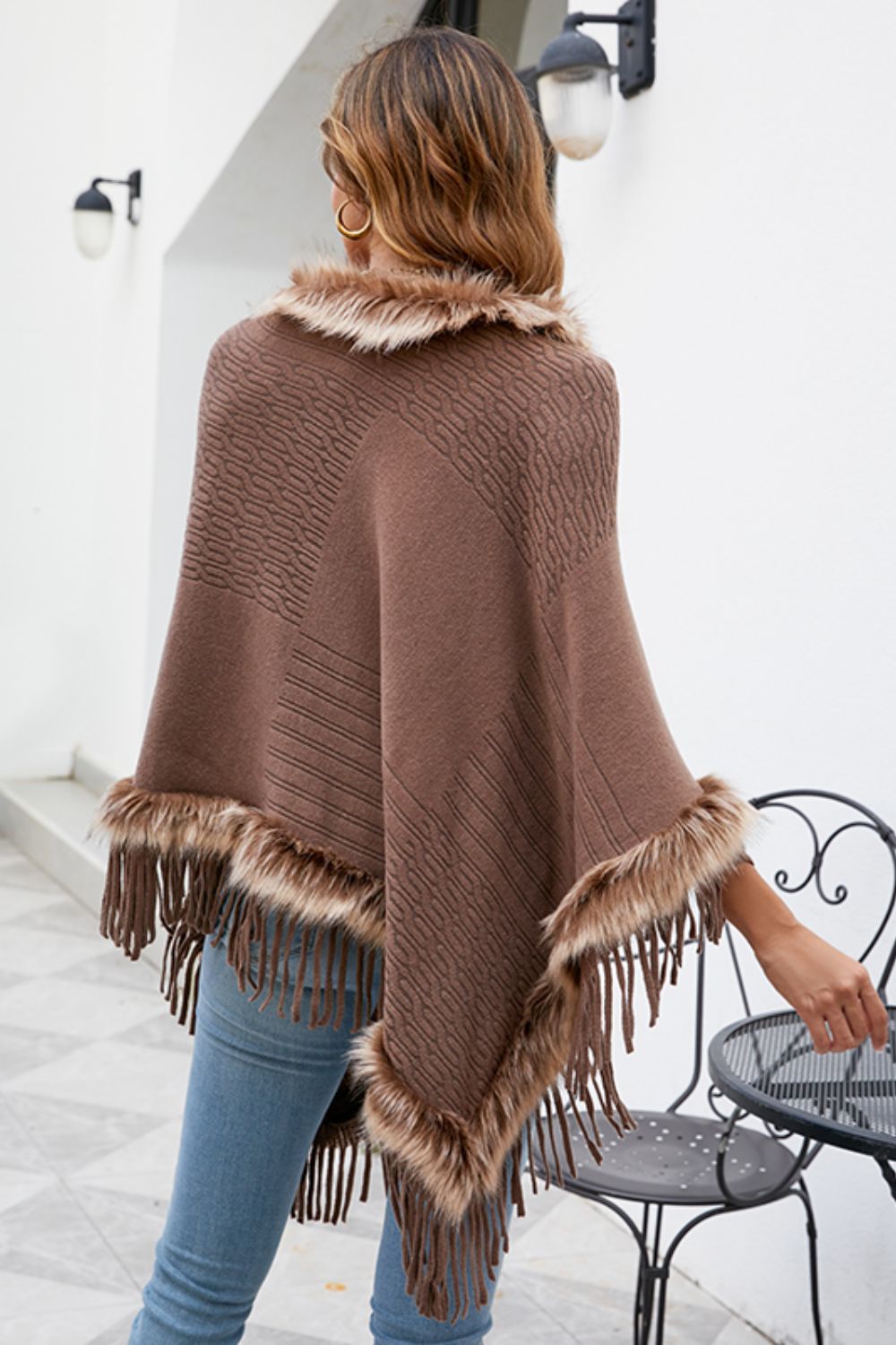 Faux Fur Retro Fringe Hem Textured Knit Pullover Poncho