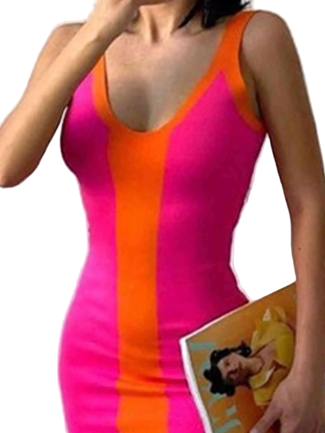 Contrast Colorblock Scoop Neck Fitted Sleeveless Bodycon Back Slit Midi Dress