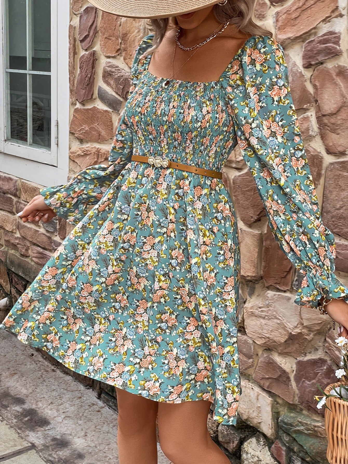 Retro Floral Print Square Neck Long-sleeve Smocked Bodice Mini Dress