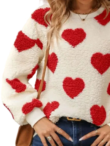 Fuzzy Teddy Sherpa Contrast Heart Crew Neck Top Long Sleeve Pullover Sweatshirt