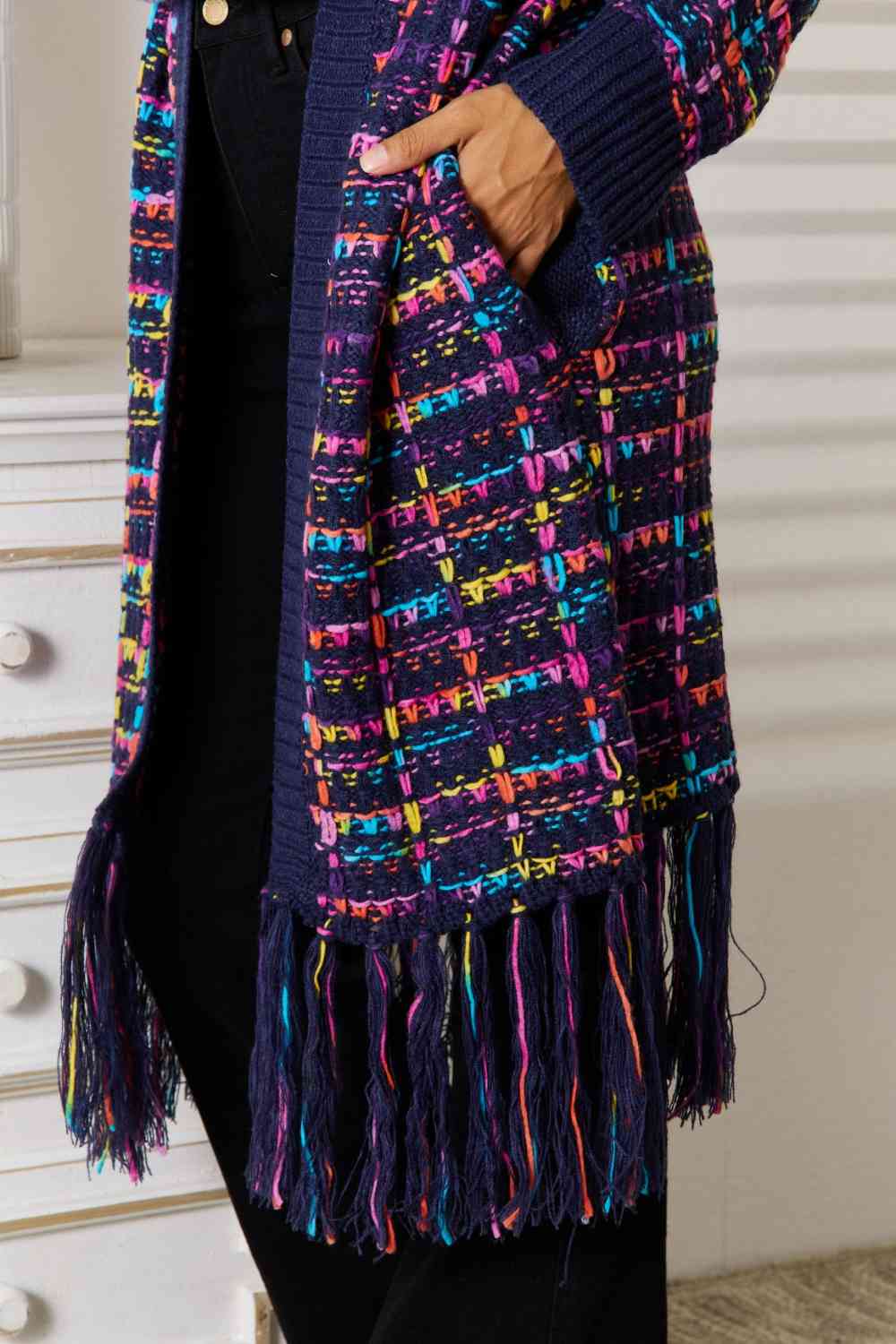 Bold Retro Knit Colorful Fringe Hem Longline Duster Sweater Pocket Cardigan