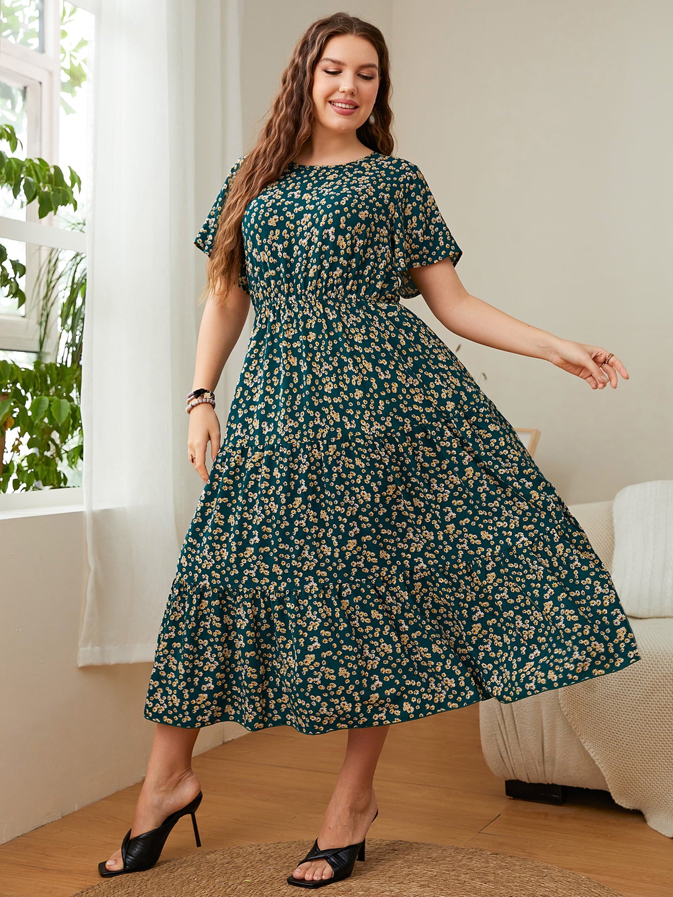 Classy Floral Round Neck Short Sleeve Modest Midi Dress