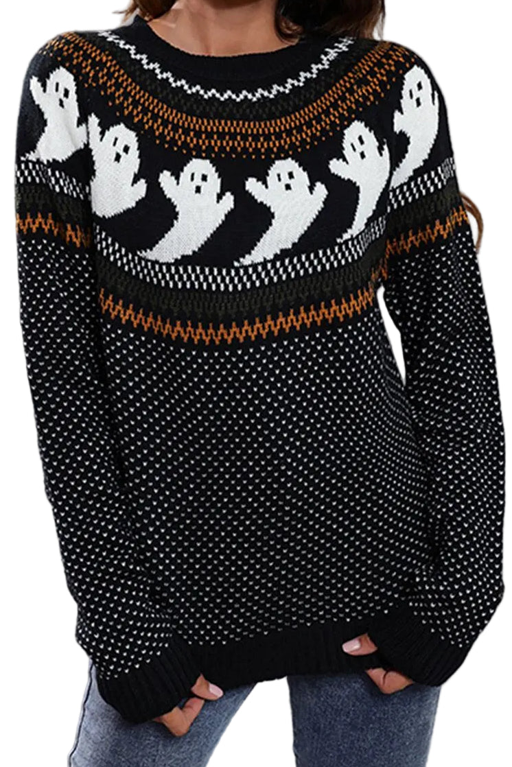 Ghost Fair Isle Nordic Crew Neck Top Long Sleeve Halloween Pullover Knit Sweater