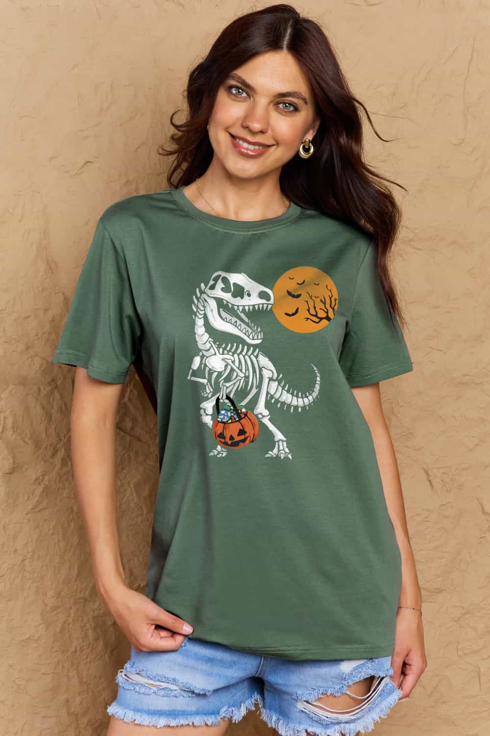 T-Rex Skeleton Trick or Treating Dinosaur Funny Graphic Tee Shirt Halloween Top