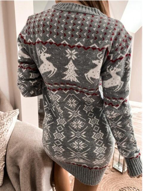 Fair Isle Winter Reindeer Snowflake Classic Knit Long Sleeve Mini Sweater Dress
