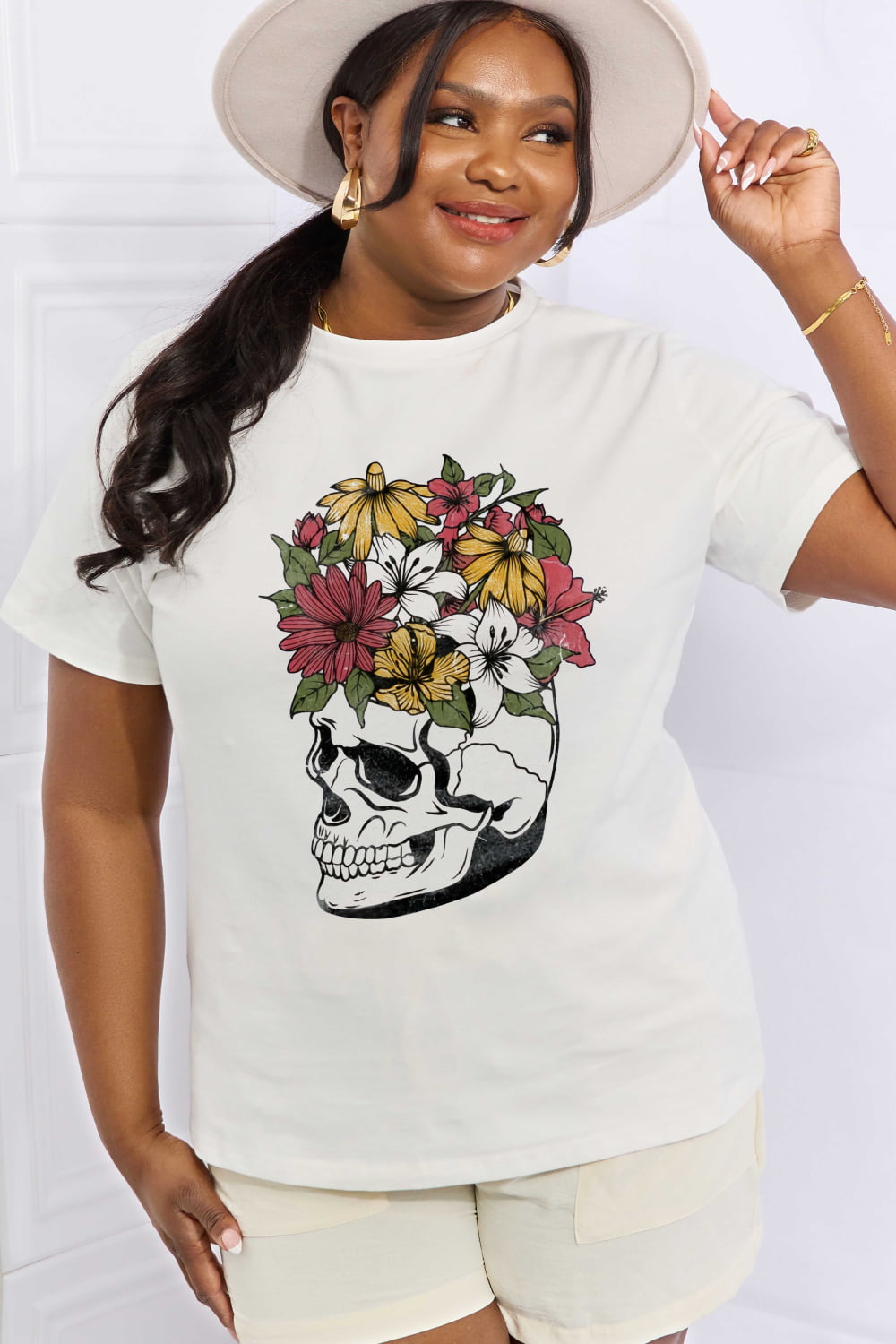 Bright Floral Skull Head Graphic Short-sleeve Tee Shirt 100% Premium Cotton