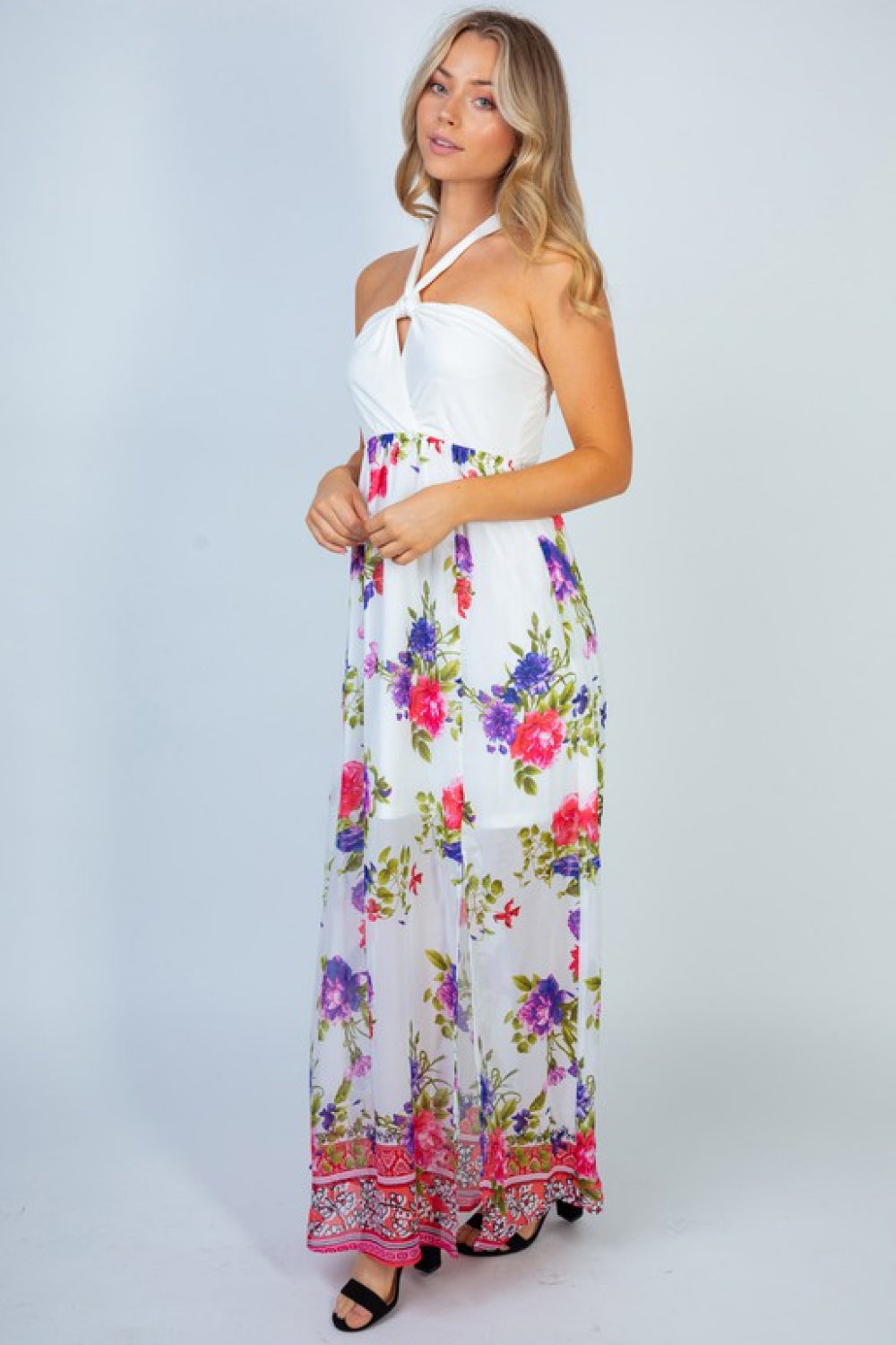 Floral Keyhole Halter Dress Colorful Sheer Mini Mock Maxi (Plus Size Available)