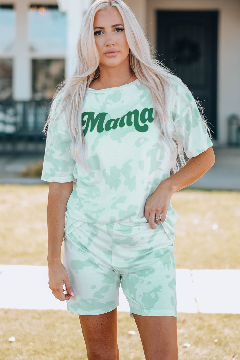 MAMA Graphic Tie-dye Maching Casual Shirt and Shorts Lounge Set