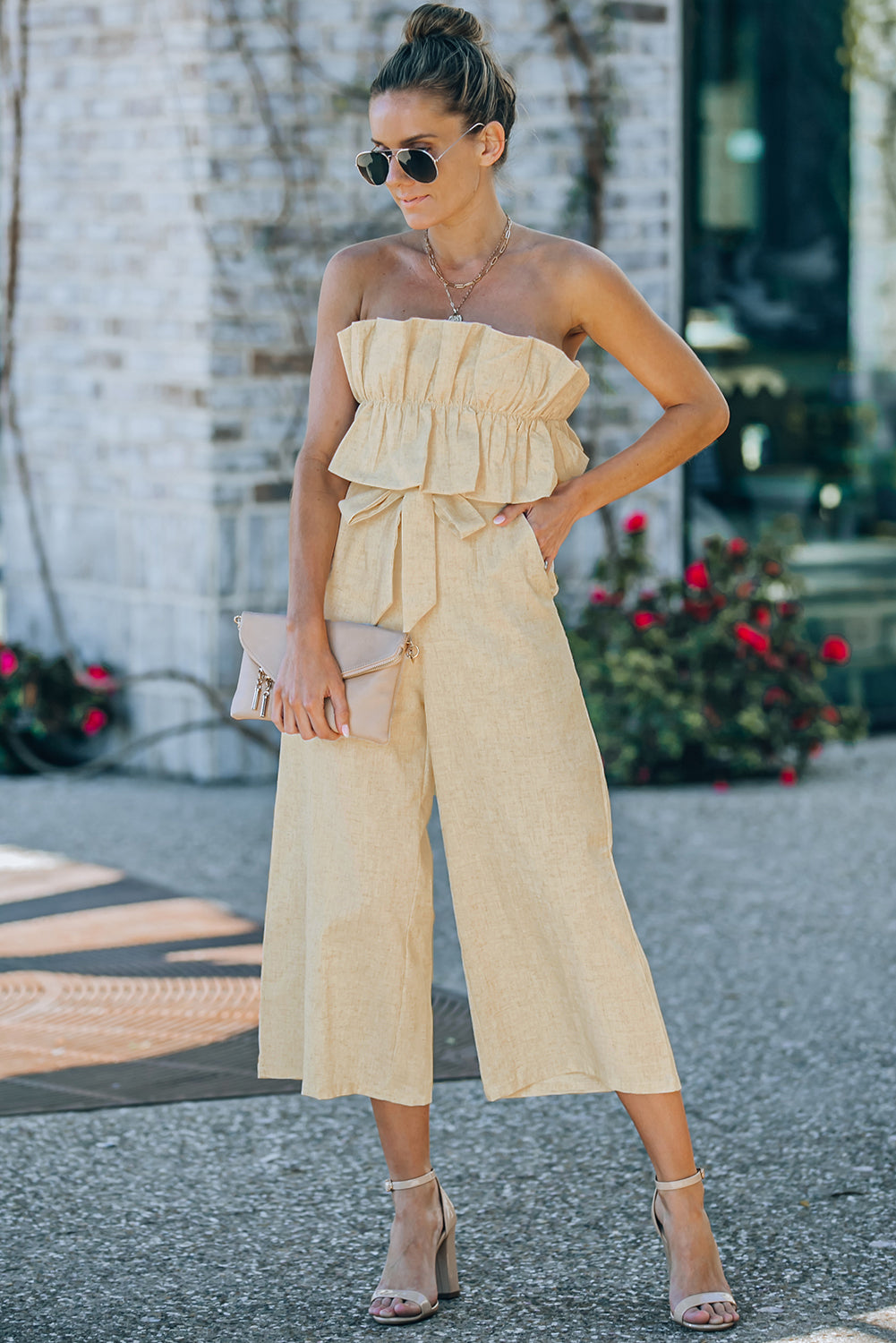 Ruffled 100% Cotton Strapless Wide Leg Tie Back One-piece Jumpsuit