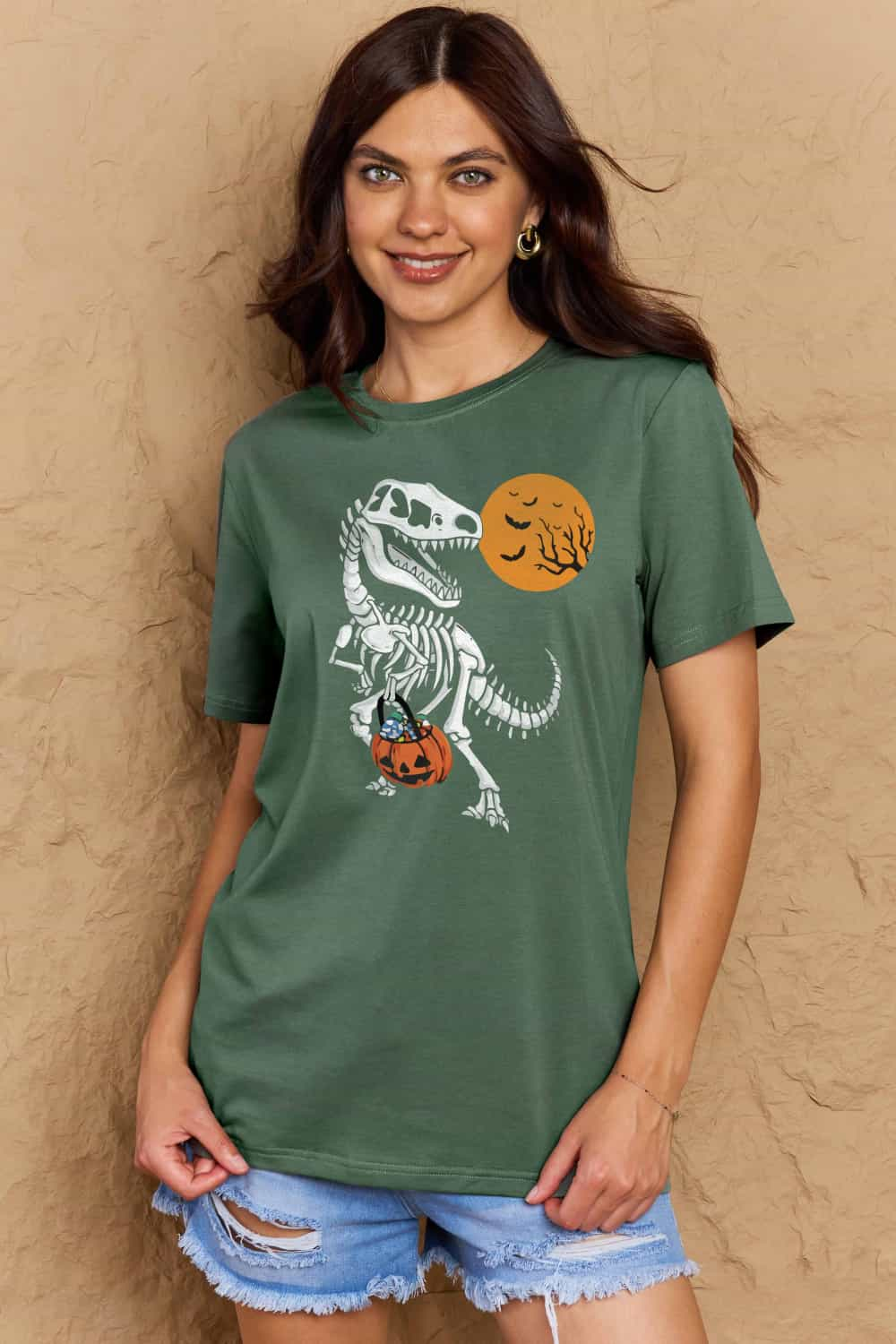 T-Rex Skeleton Trick or Treating Dinosaur Funny Graphic Tee Shirt Halloween Top